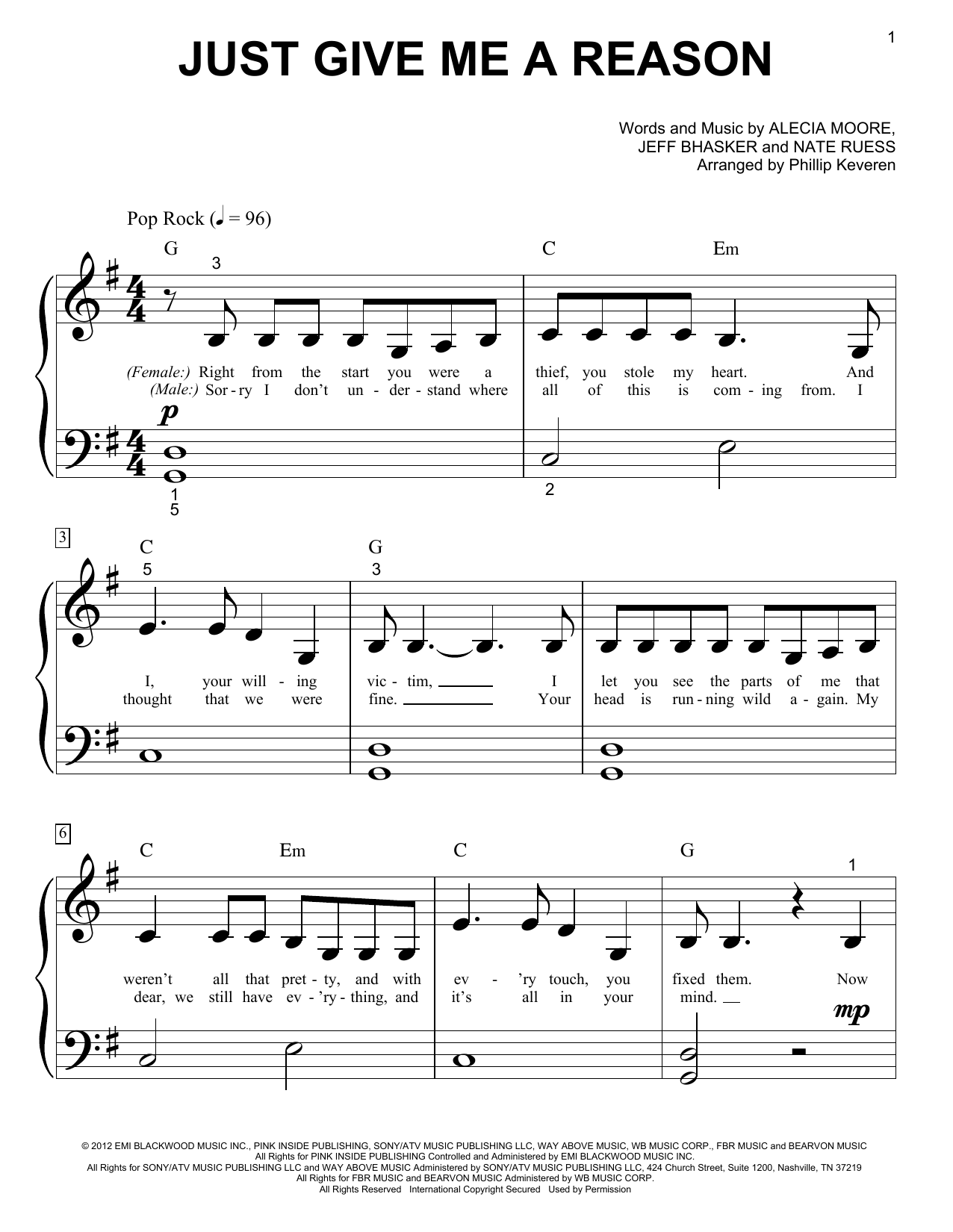 Download Pink Just Give Me A Reason (feat. Nate Ruess) Sheet Music and learn how to play Piano (Big Notes) PDF digital score in minutes