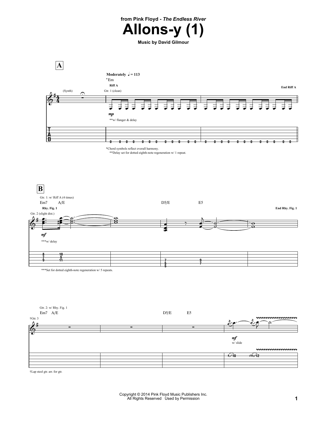 Download Pink Floyd Allons Y (1) Sheet Music and learn how to play Guitar Tab PDF digital score in minutes
