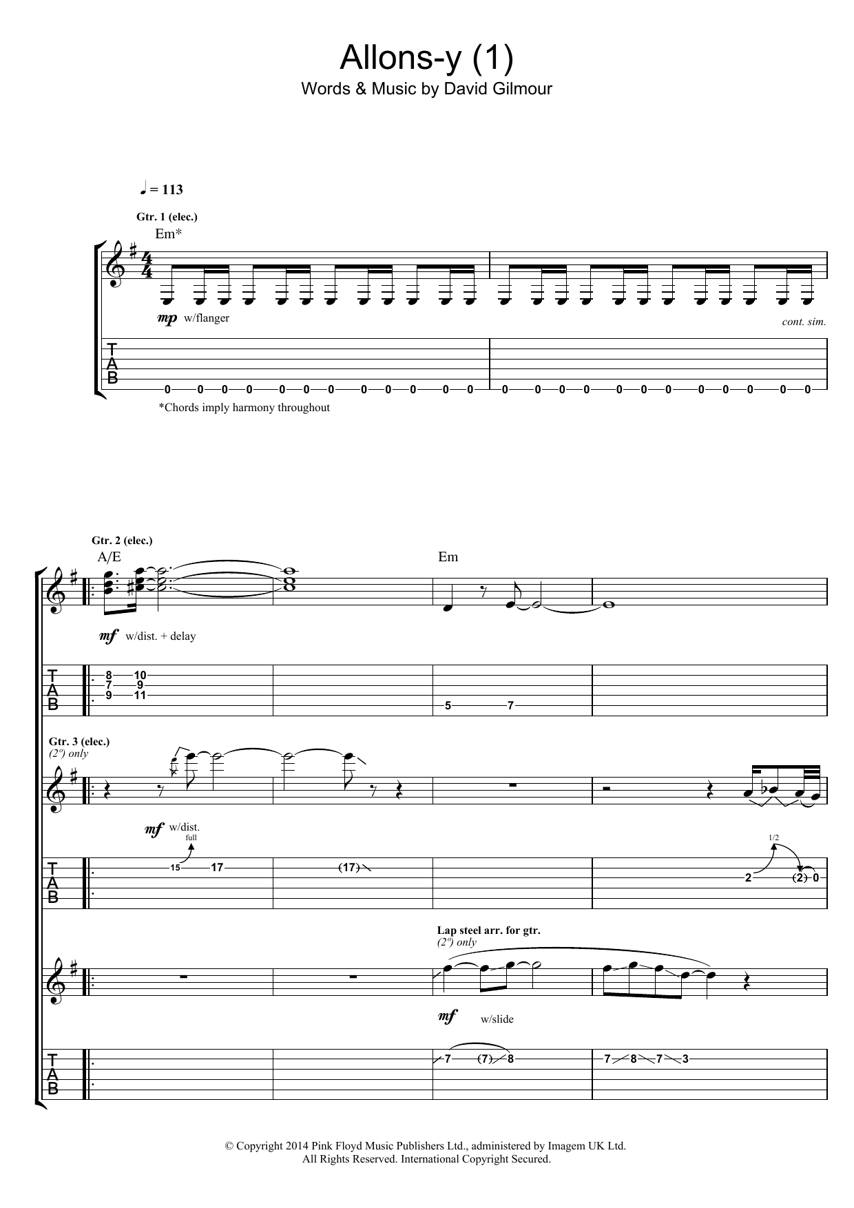 Download Pink Floyd Allons Y (Part 1) Sheet Music and learn how to play Guitar Tab PDF digital score in minutes