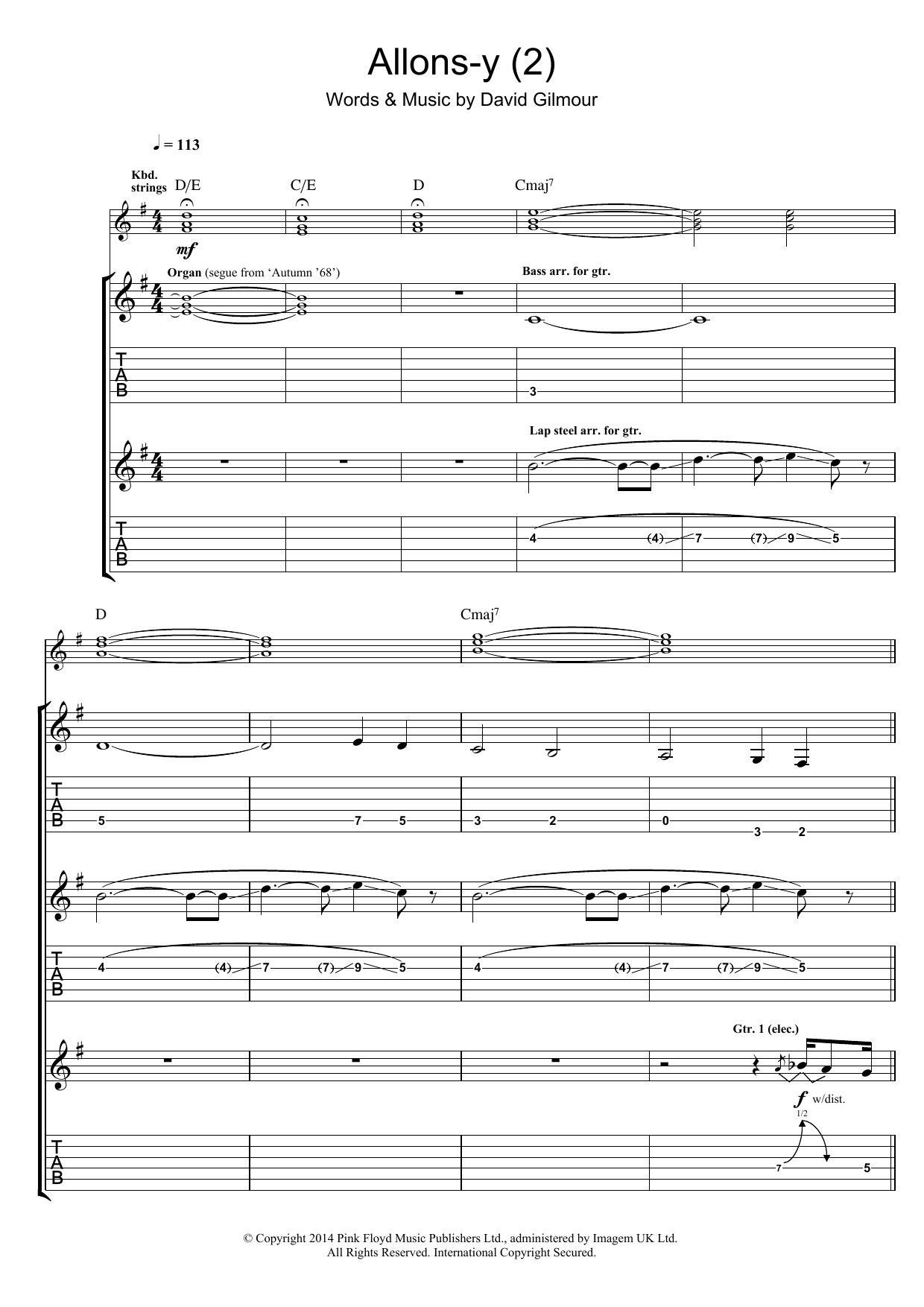 Download Pink Floyd Allons Y (Part 2) Sheet Music and learn how to play Guitar Tab PDF digital score in minutes