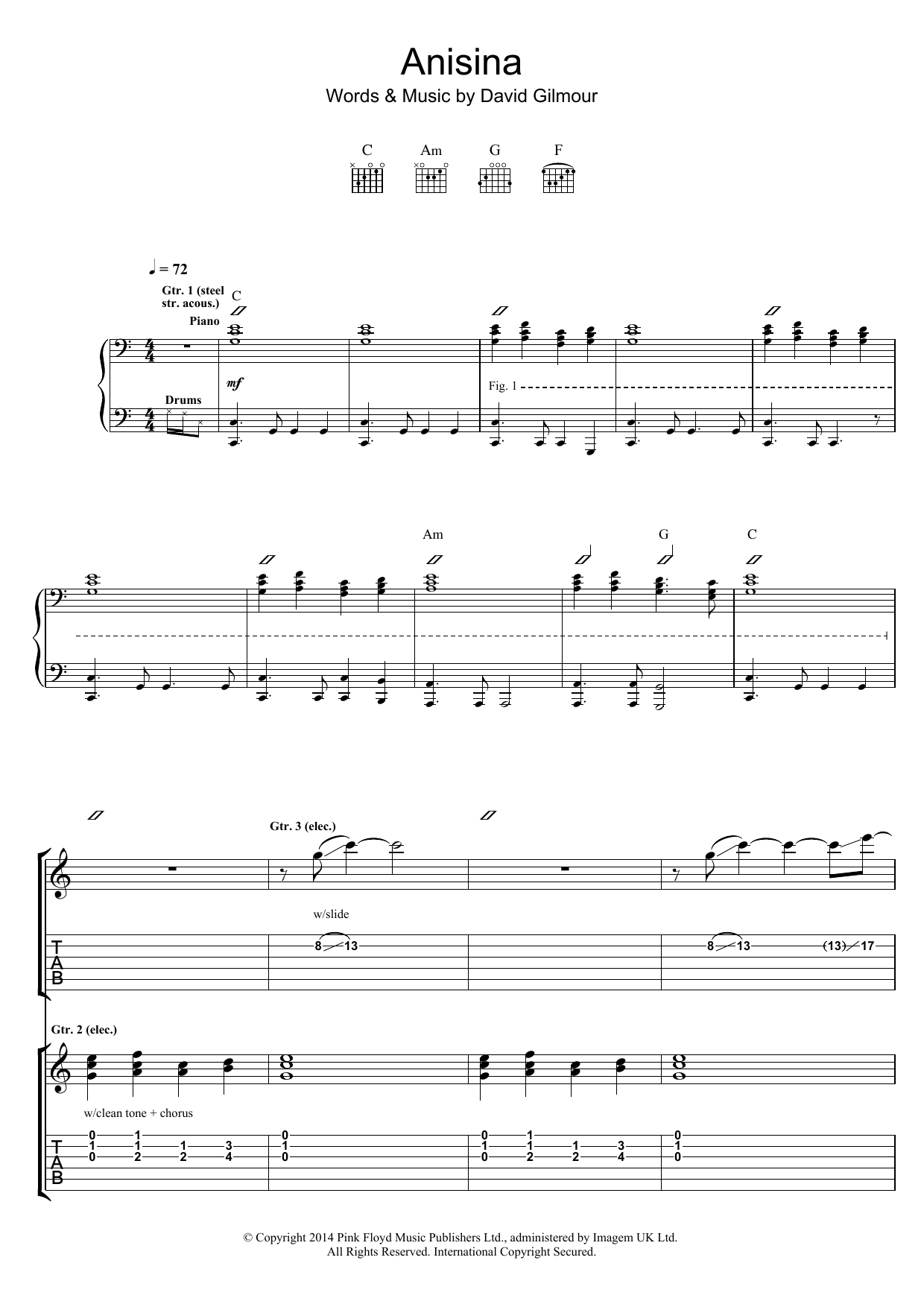 Download Pink Floyd Anisina Sheet Music and learn how to play Guitar Tab PDF digital score in minutes