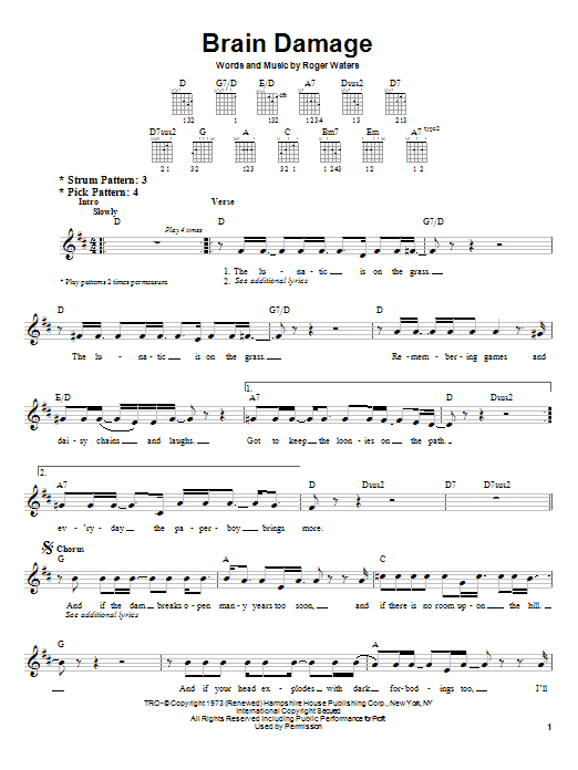 Download Pink Floyd Brain Damage Sheet Music and learn how to play Easy Guitar Tab PDF digital score in minutes