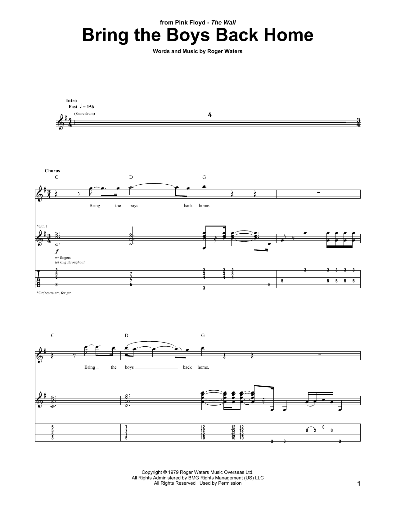 Download Pink Floyd Bring The Boys Back Home Sheet Music and learn how to play Guitar Tab PDF digital score in minutes