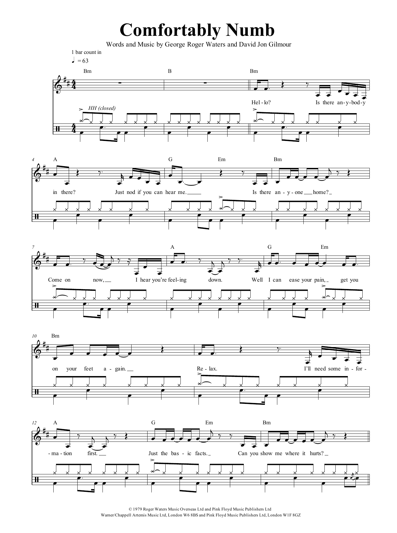Download Pink Floyd Comfortably Numb Sheet Music and learn how to play Drums PDF digital score in minutes