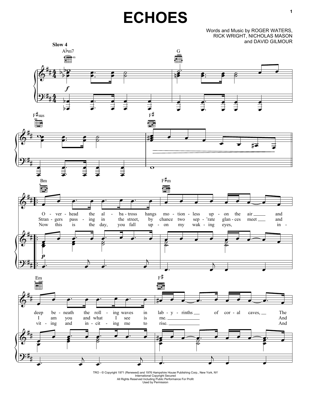 Download Pink Floyd Echoes Sheet Music and learn how to play Piano, Vocal & Guitar Chords (Right-Hand Melody) PDF digital score in minutes