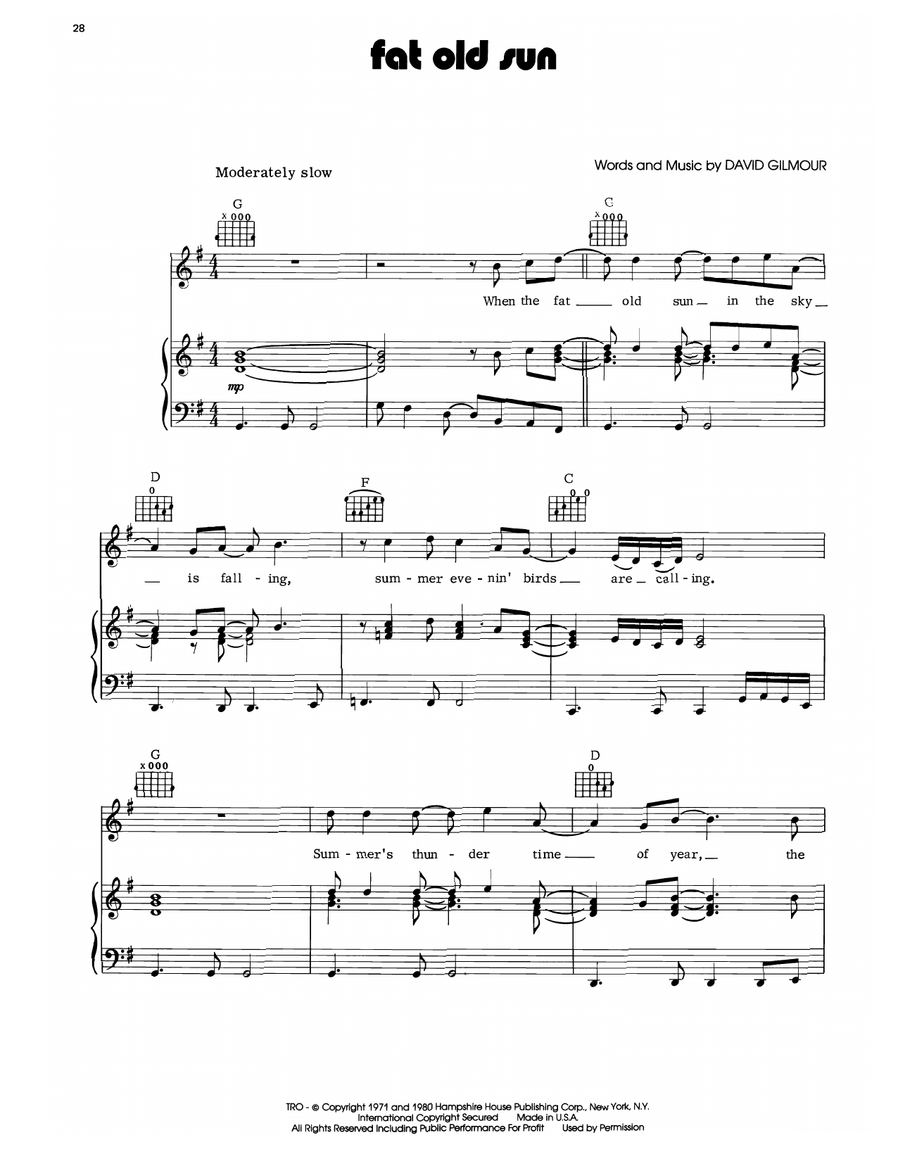Download Pink Floyd Fat Old Sun Sheet Music and learn how to play Piano, Vocal & Guitar Chords (Right-Hand Melody) PDF digital score in minutes