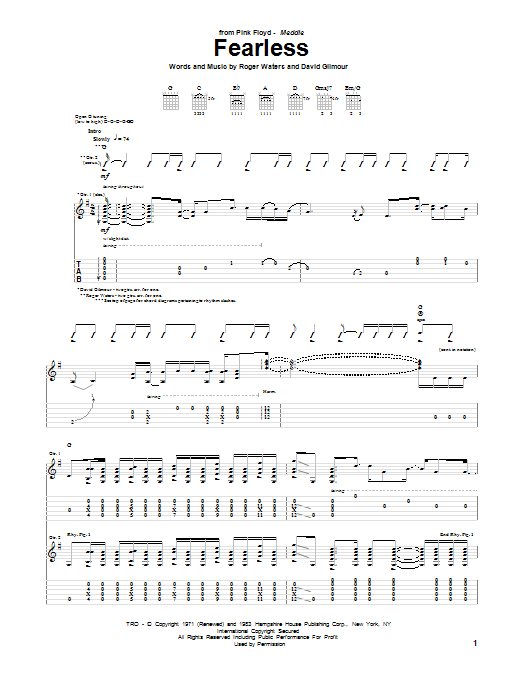 Download Pink Floyd Fearless Sheet Music and learn how to play Guitar Tab PDF digital score in minutes