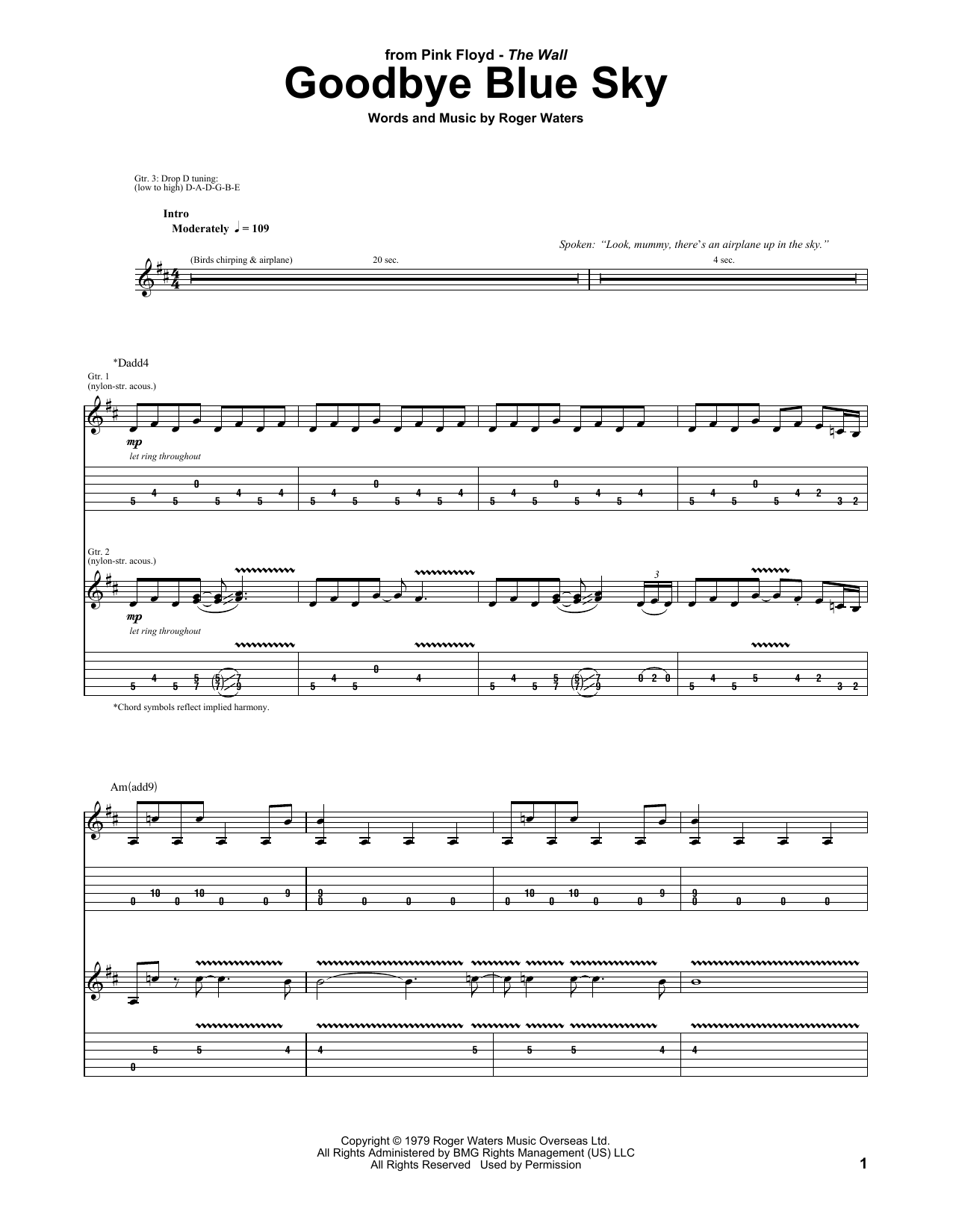 Download Pink Floyd Goodbye Blue Sky Sheet Music and learn how to play Guitar Tab Play-Along PDF digital score in minutes