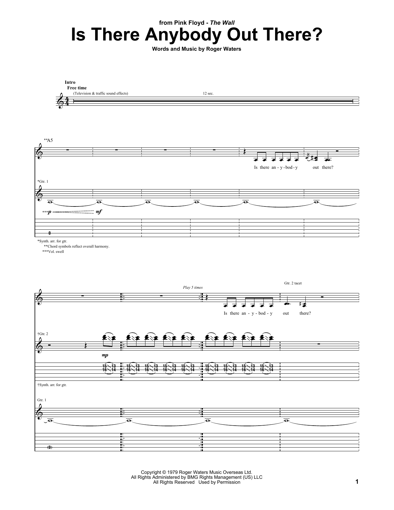 Download Pink Floyd Is There Anybody Out There? Sheet Music and learn how to play Guitar Lead Sheet PDF digital score in minutes