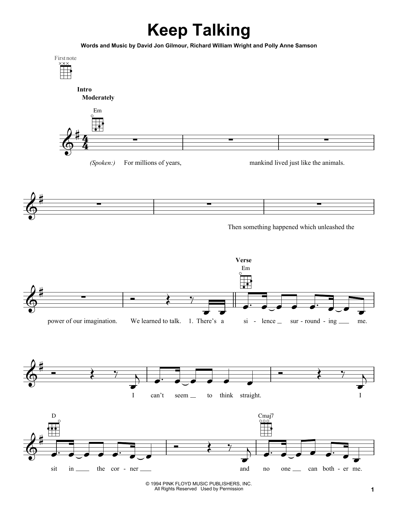 Download Pink Floyd Keep Talking Sheet Music and learn how to play Ukulele PDF digital score in minutes