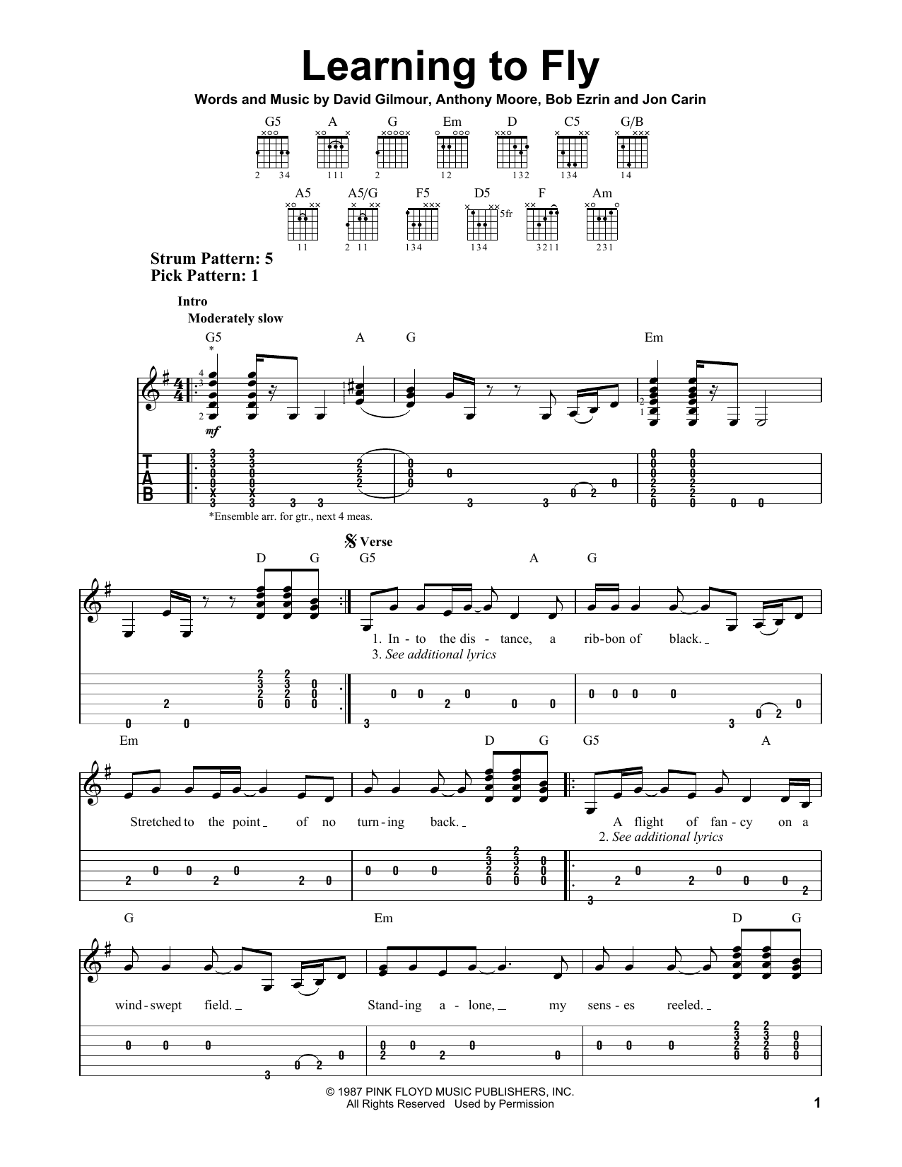 Download Pink Floyd Learning To Fly Sheet Music and learn how to play Ukulele PDF digital score in minutes