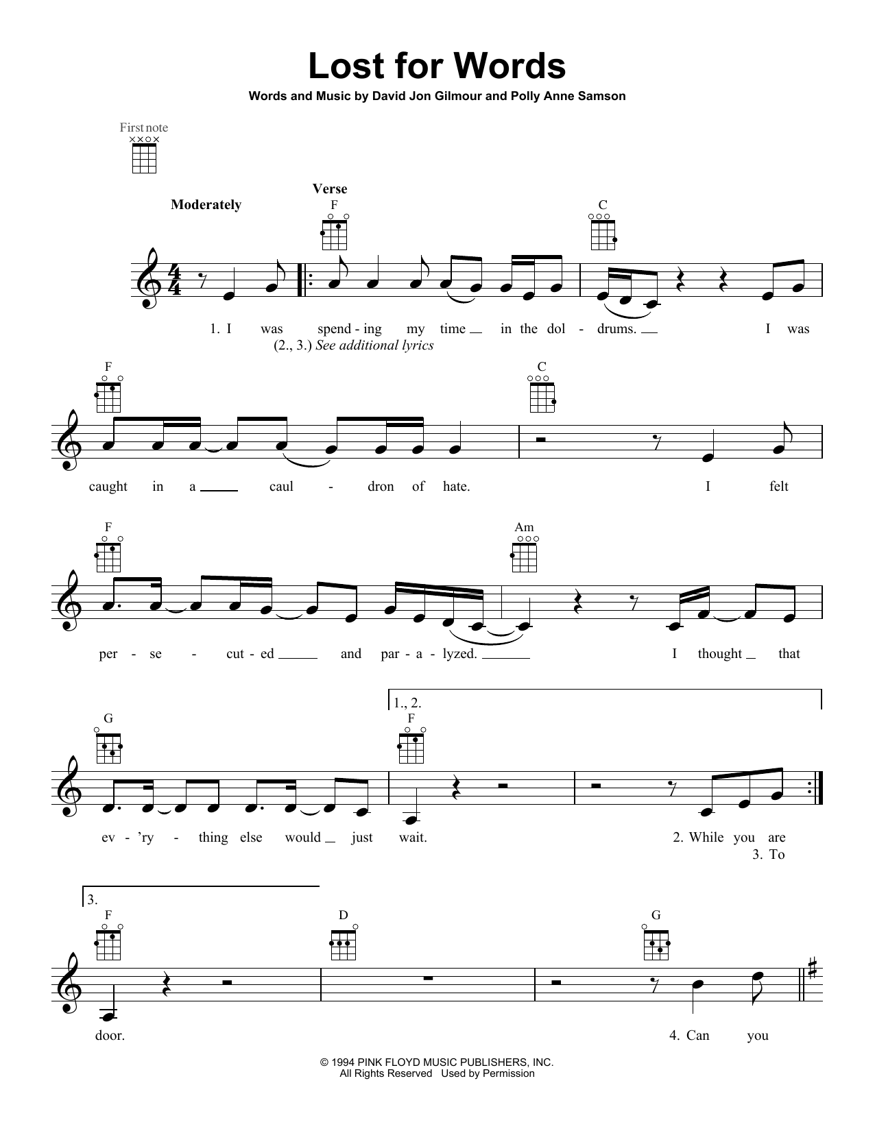 Download Pink Floyd Lost For Words Sheet Music and learn how to play Ukulele PDF digital score in minutes
