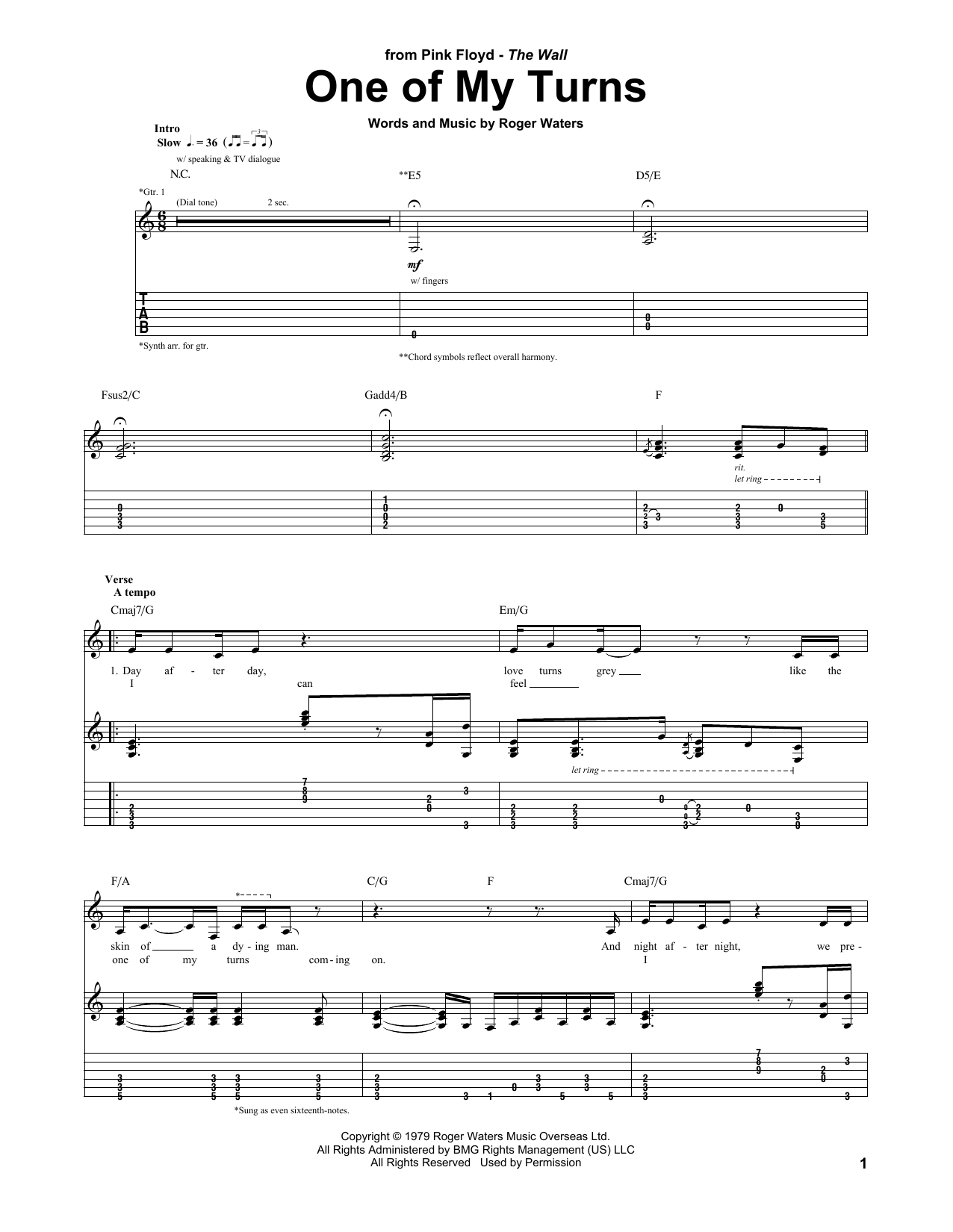 Download Pink Floyd One Of My Turns Sheet Music and learn how to play Guitar Tab PDF digital score in minutes