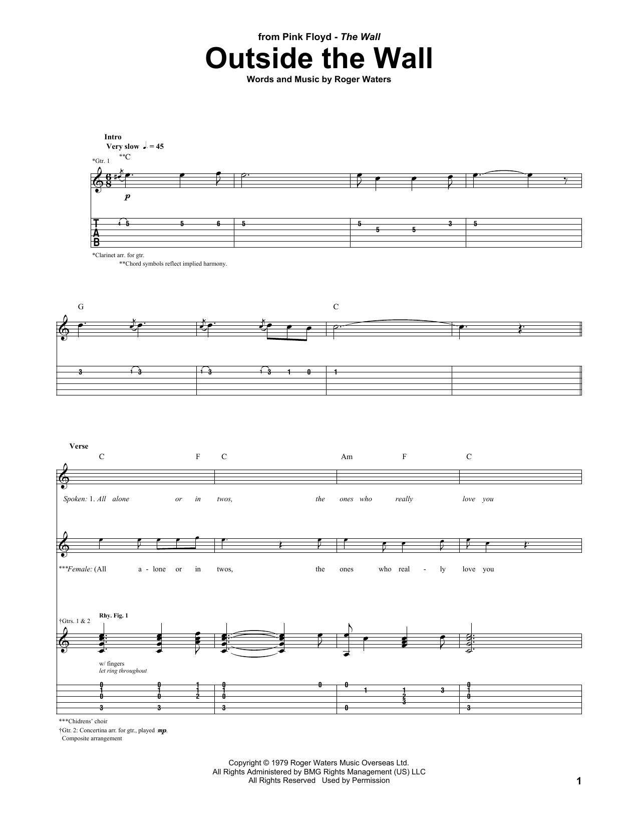 Download Pink Floyd Outside The Wall Sheet Music and learn how to play Guitar Tab PDF digital score in minutes