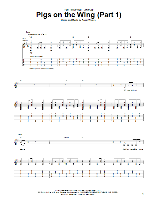Download Pink Floyd Pigs On The Wing (Part 1) Sheet Music and learn how to play Guitar Tab PDF digital score in minutes