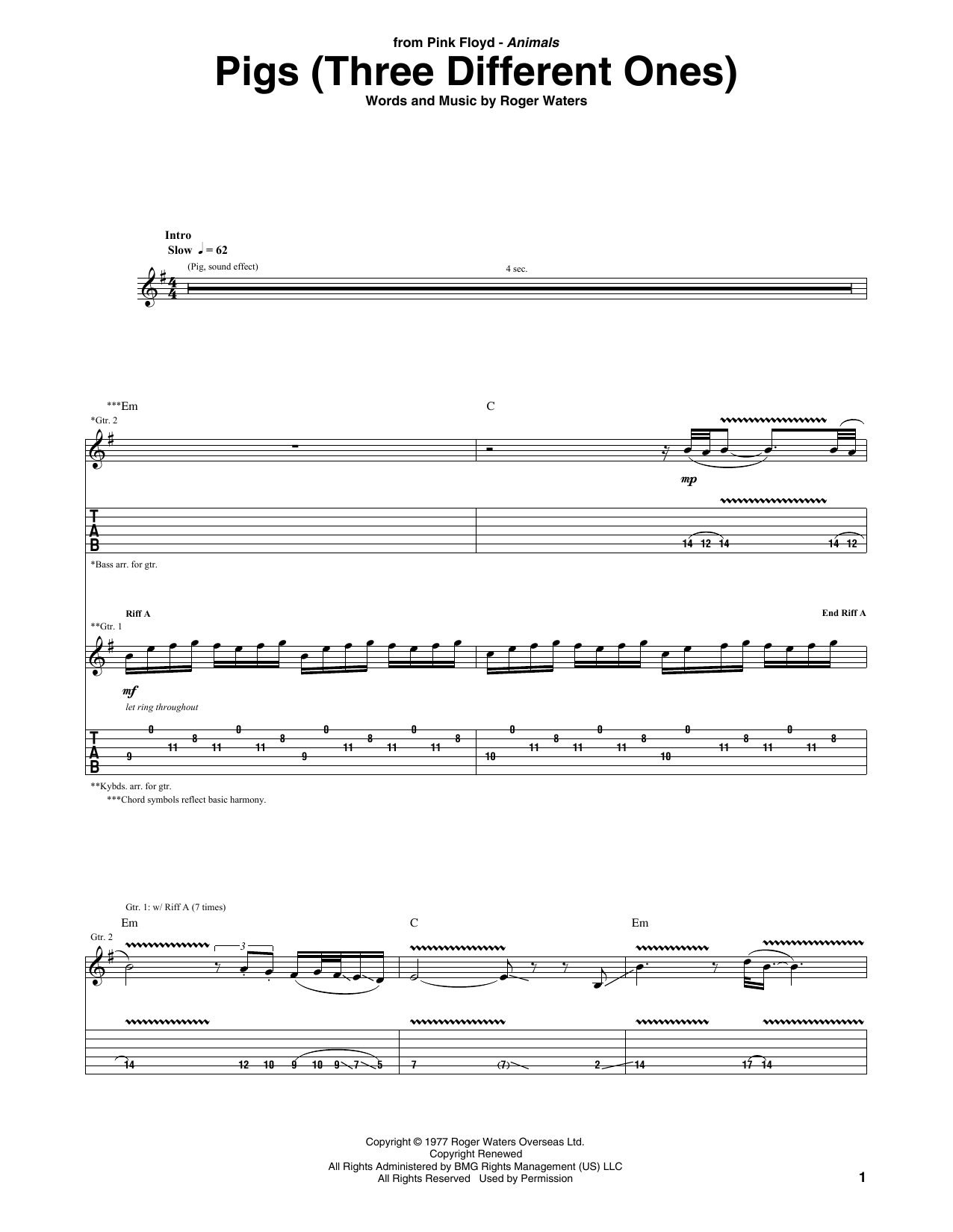 Download Pink Floyd Pigs (Three Different Ones) Sheet Music and learn how to play Guitar Tab PDF digital score in minutes