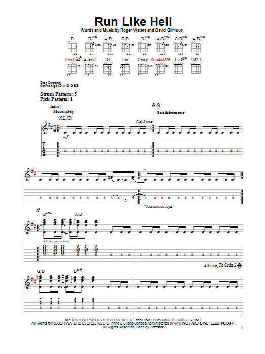 Download Pink Floyd Run Like Hell Sheet Music and learn how to play Easy Guitar Tab PDF digital score in minutes