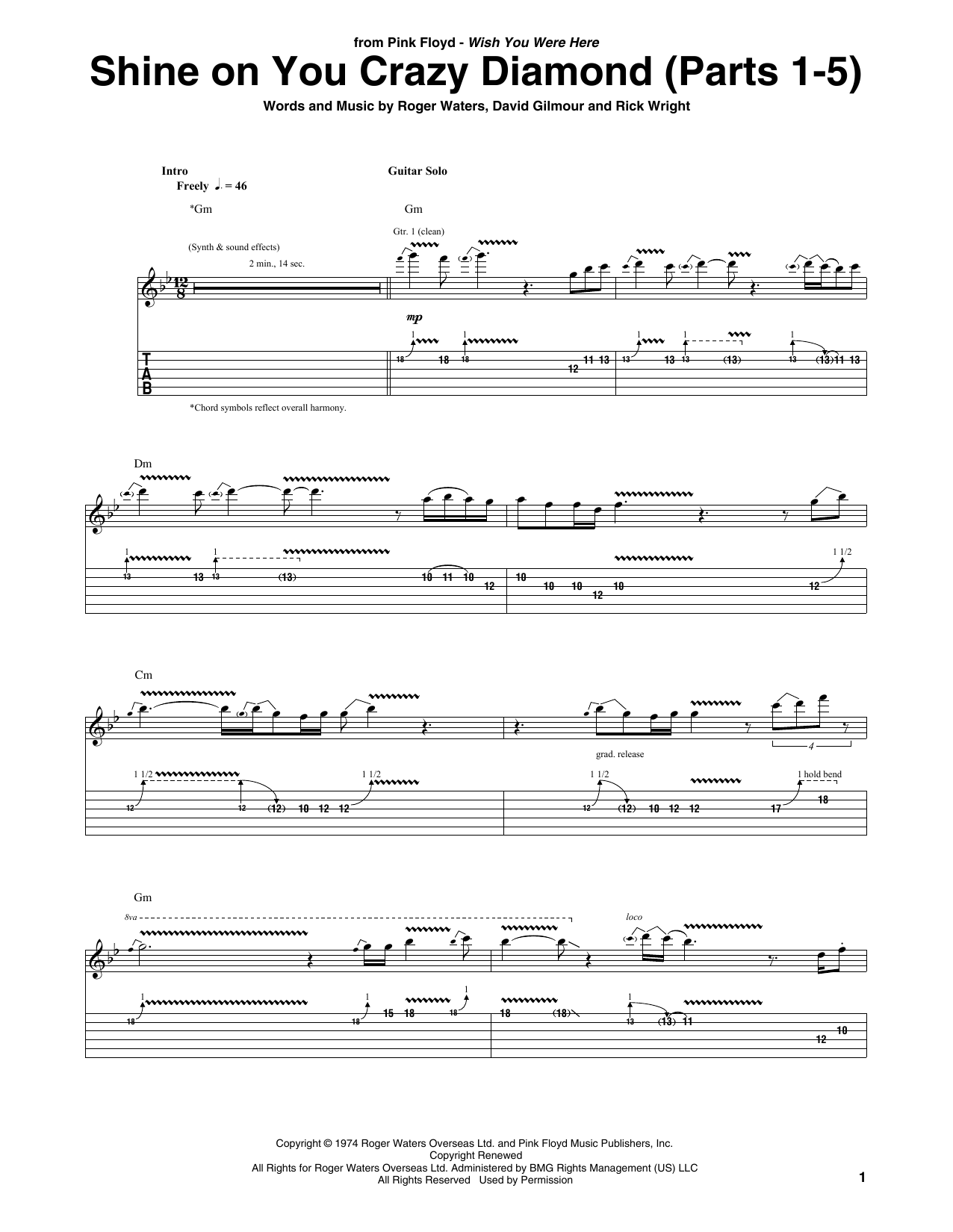 Download Pink Floyd Shine On You Crazy Diamond (Parts 1-5) Sheet Music and learn how to play Guitar Tab PDF digital score in minutes
