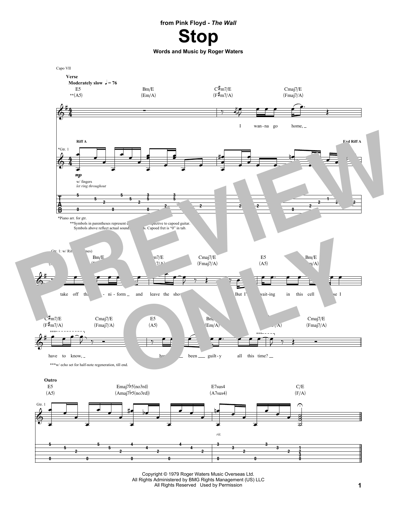 Download Pink Floyd Stop Sheet Music and learn how to play Guitar Tab PDF digital score in minutes