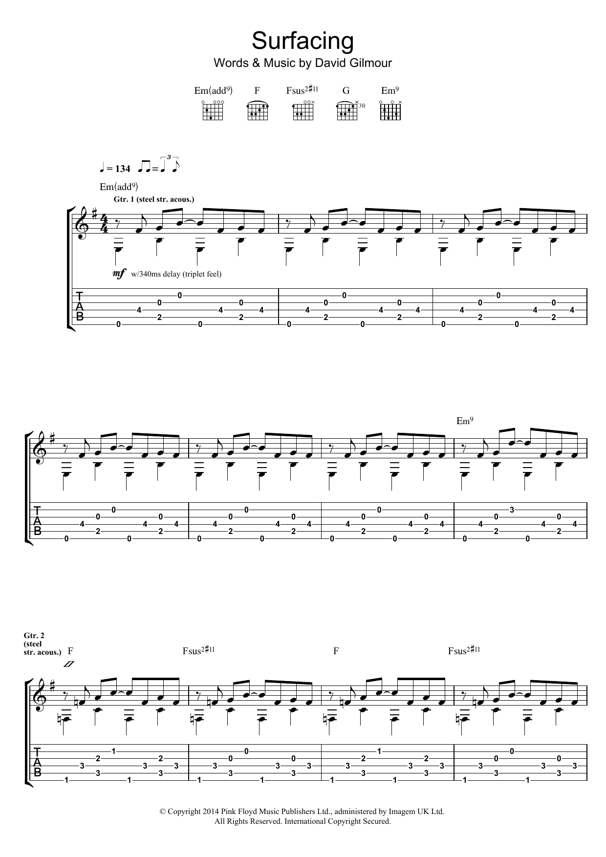 Download Pink Floyd Surfacing Sheet Music and learn how to play Guitar Tab PDF digital score in minutes