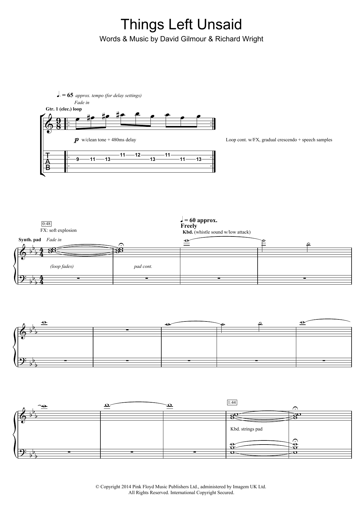 Download Pink Floyd Things Left Unsaid Sheet Music and learn how to play Guitar Tab PDF digital score in minutes