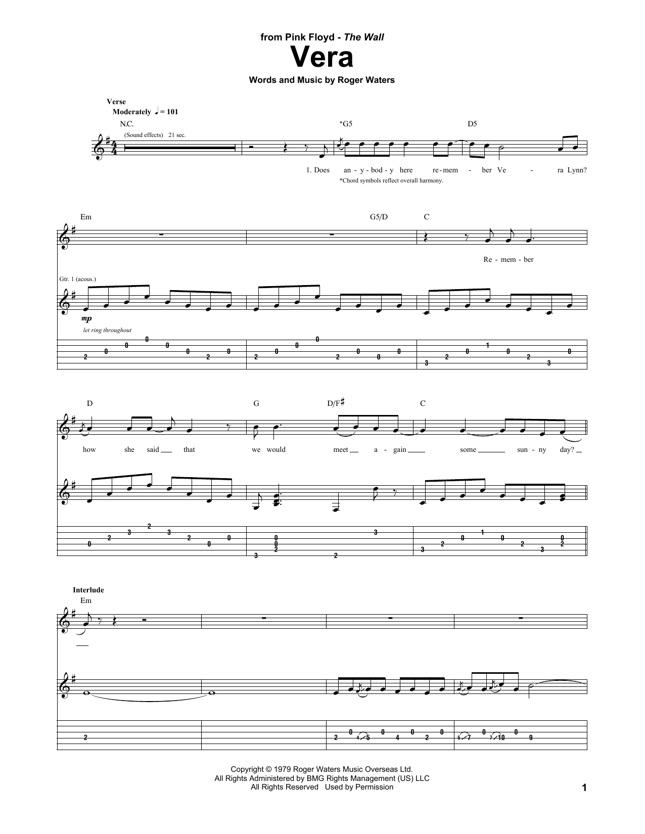 Download Pink Floyd Vera Sheet Music and learn how to play Guitar Tab PDF digital score in minutes
