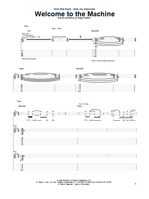 Download Pink Floyd Welcome To The Machine Sheet Music and learn how to play Guitar Tab Play-Along PDF digital score in minutes