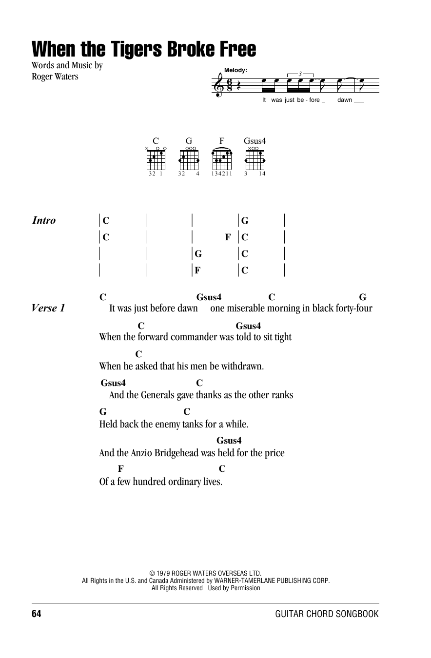 Download Pink Floyd When The Tigers Broke Free Sheet Music and learn how to play Lyrics & Chords PDF digital score in minutes