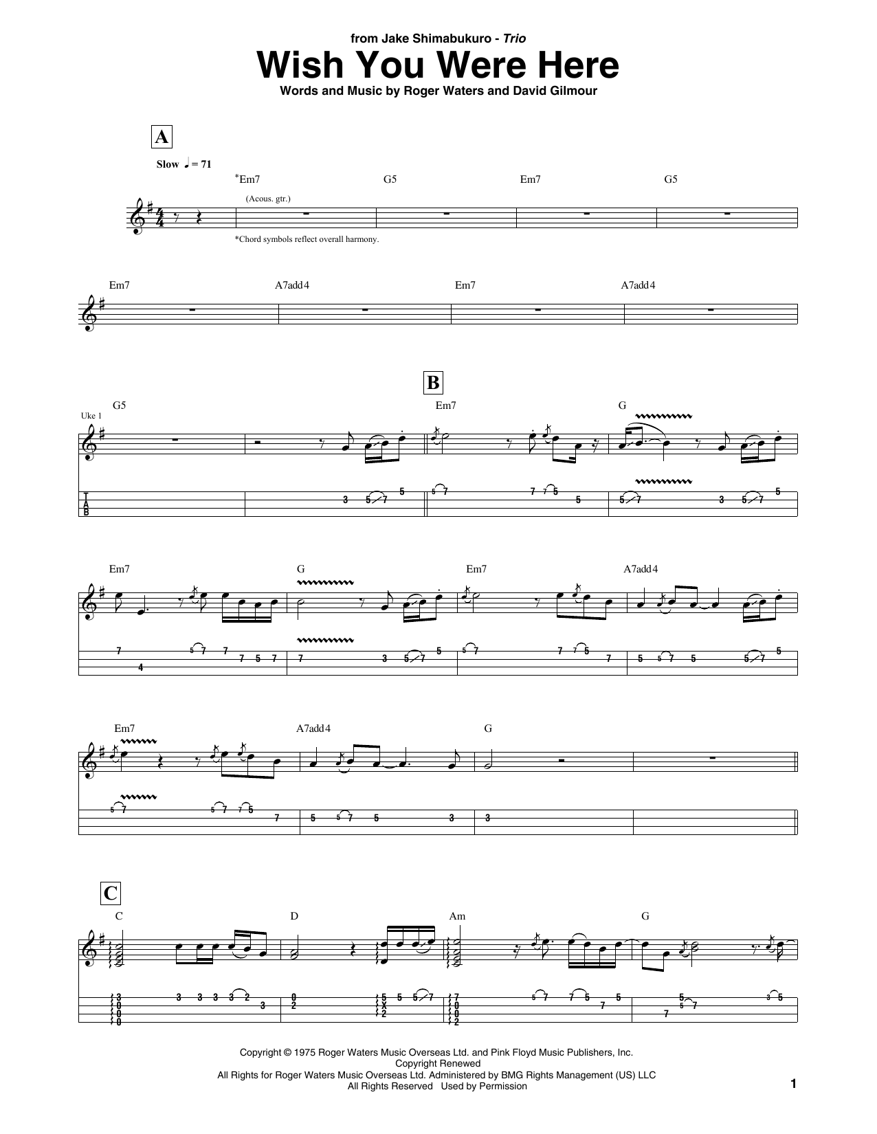 Download Pink Floyd Wish You Were Here (arr. Jake Shimabukuro Trio) Sheet Music and learn how to play Ukulele Tab PDF digital score in minutes