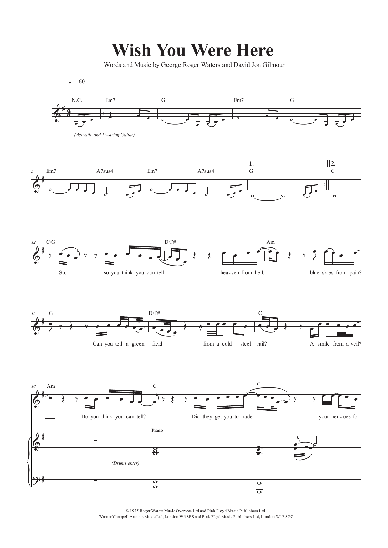 Download Pink Floyd Wish You Were Here Sheet Music and learn how to play Guitar Lead Sheet PDF digital score in minutes