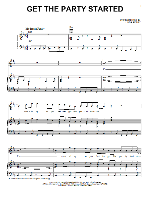 Download Pink Get The Party Started Sheet Music and learn how to play Piano, Vocal & Guitar PDF digital score in minutes