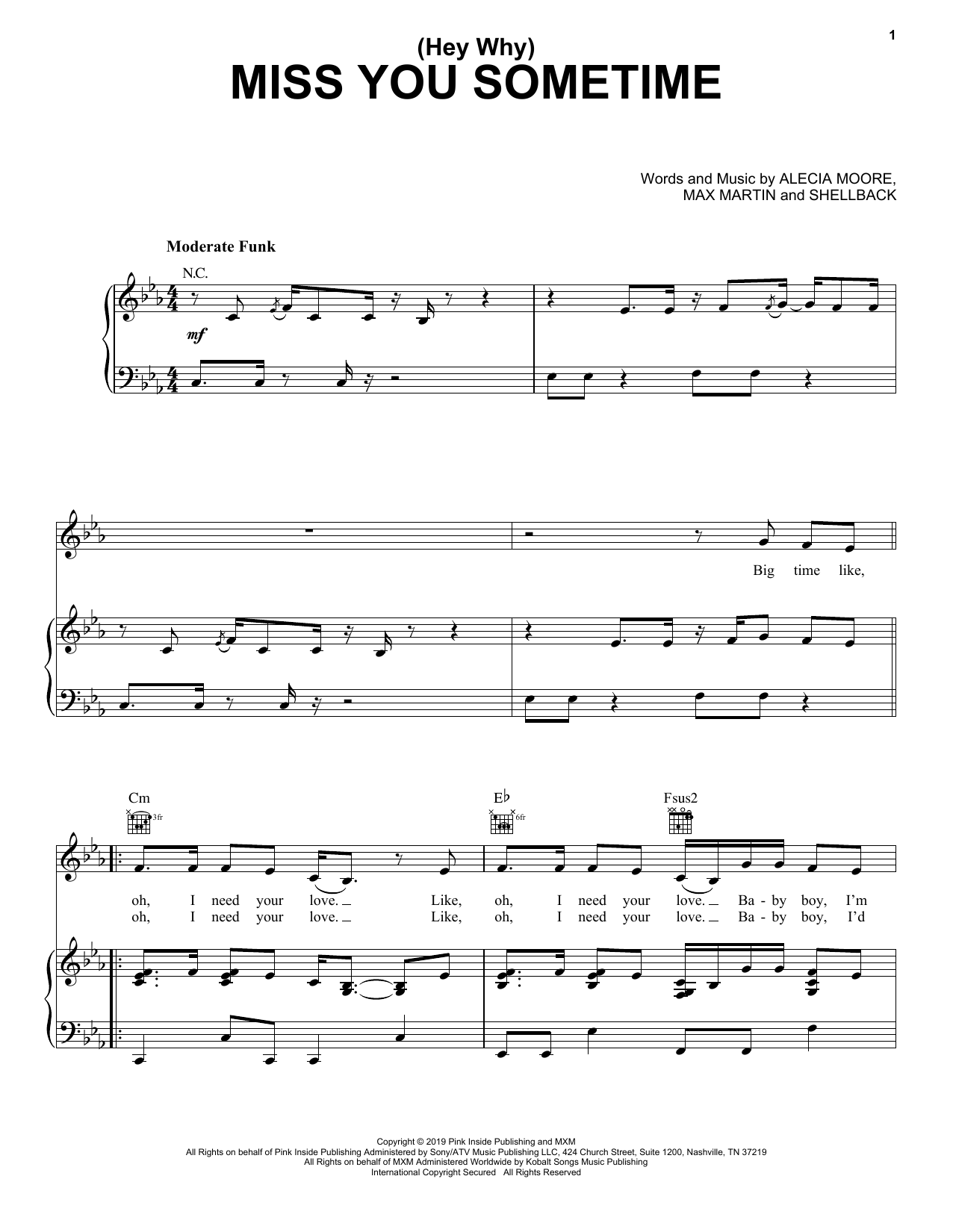 Download Pink (Hey Why) Miss You Sometime Sheet Music and learn how to play Piano, Vocal & Guitar Chords (Right-Hand Melody) PDF digital score in minutes