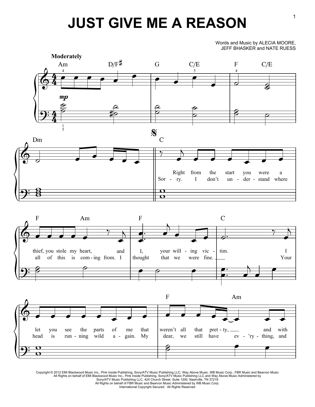 Download Pink Just Give Me A Reason (feat. Nate Ruess) Sheet Music and learn how to play Piano, Vocal & Guitar PDF digital score in minutes