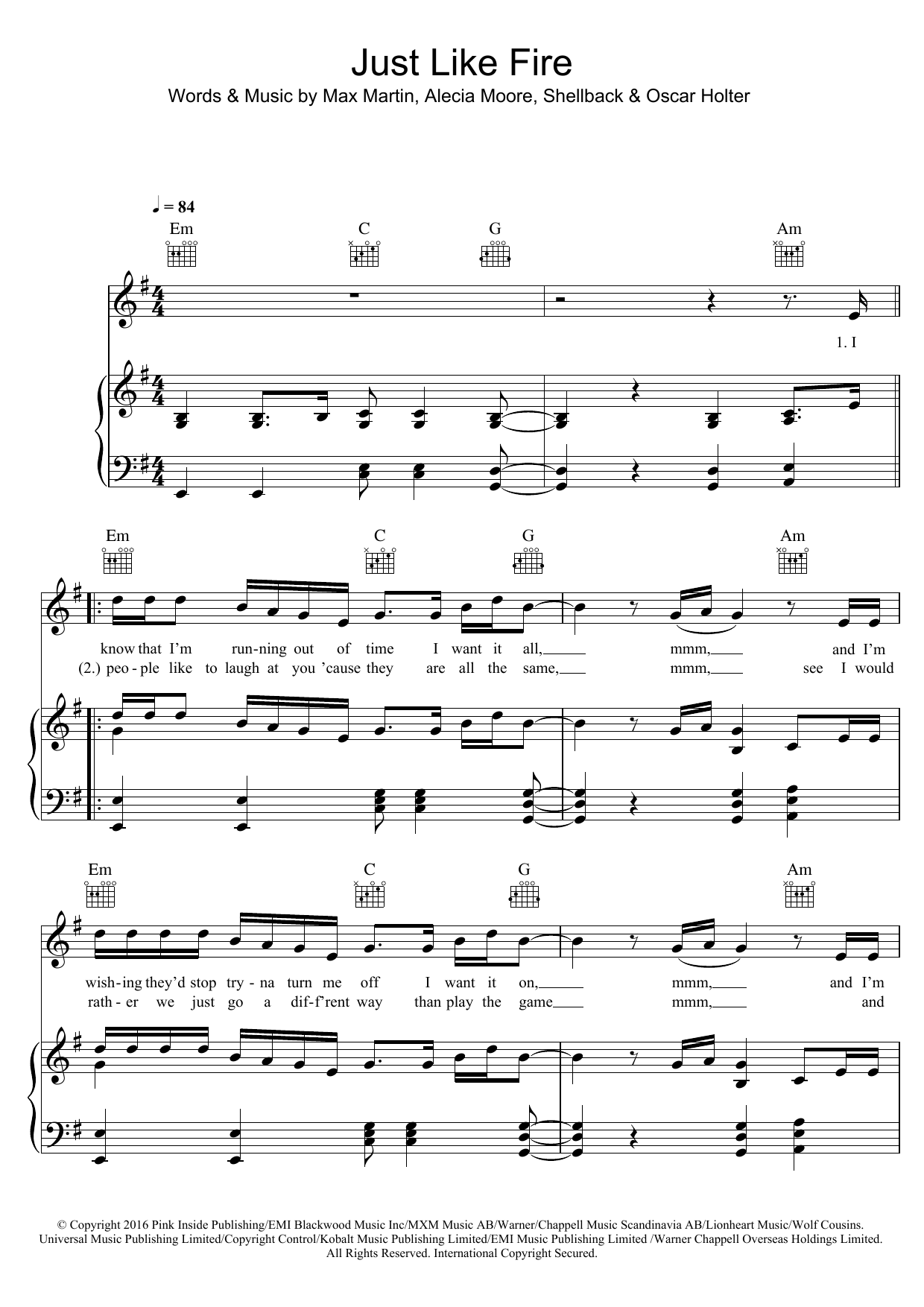 Download Pink Just Like Fire Sheet Music and learn how to play Piano, Vocal & Guitar (Right-Hand Melody) PDF digital score in minutes