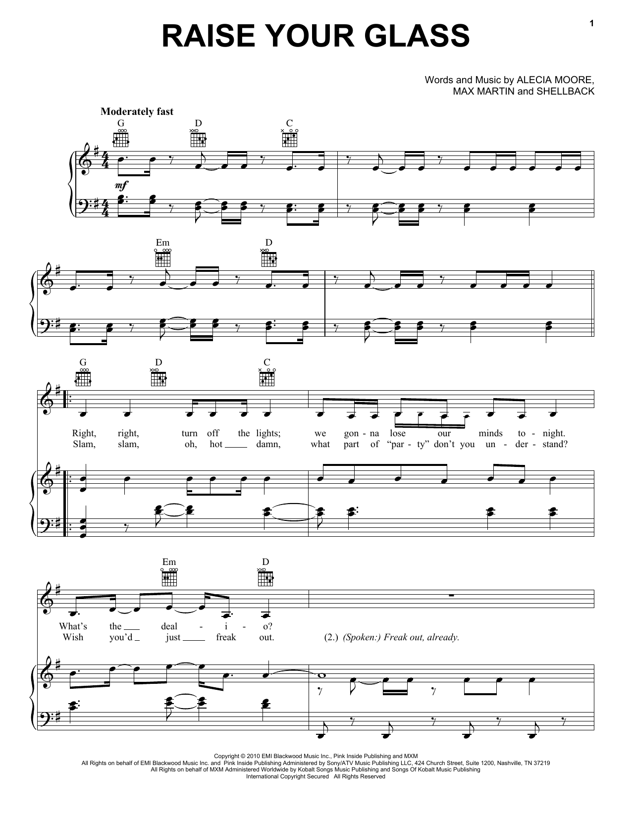 Download Pink Raise Your Glass Sheet Music and learn how to play Piano, Vocal & Guitar (Right-Hand Melody) PDF digital score in minutes