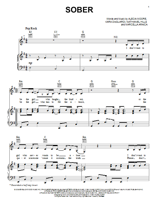 Download Pink Sober Sheet Music and learn how to play Piano, Vocal & Guitar (Right-Hand Melody) PDF digital score in minutes