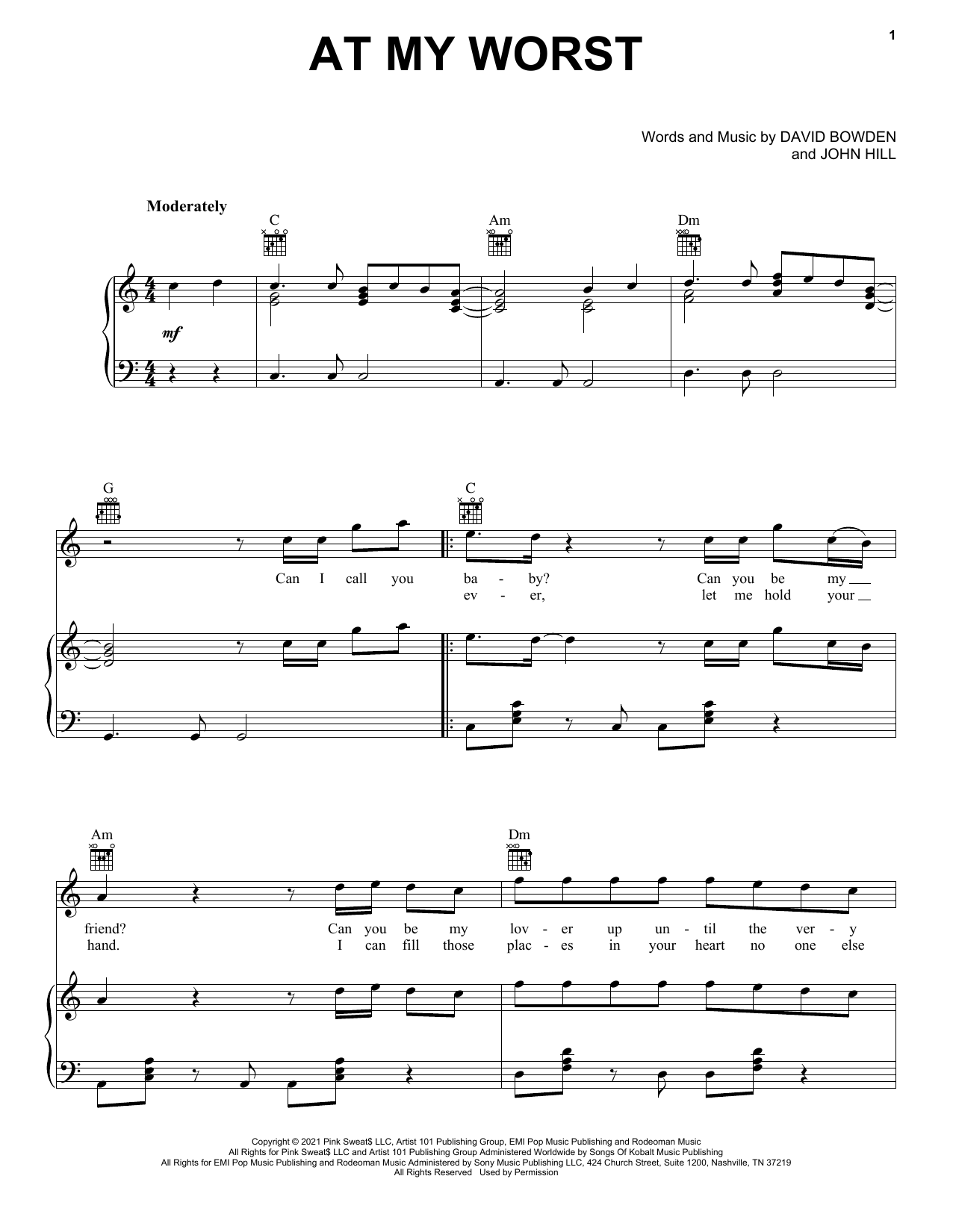 Download Pink Sweat$ At My Worst Sheet Music and learn how to play Piano, Vocal & Guitar Chords (Right-Hand Melody) PDF digital score in minutes