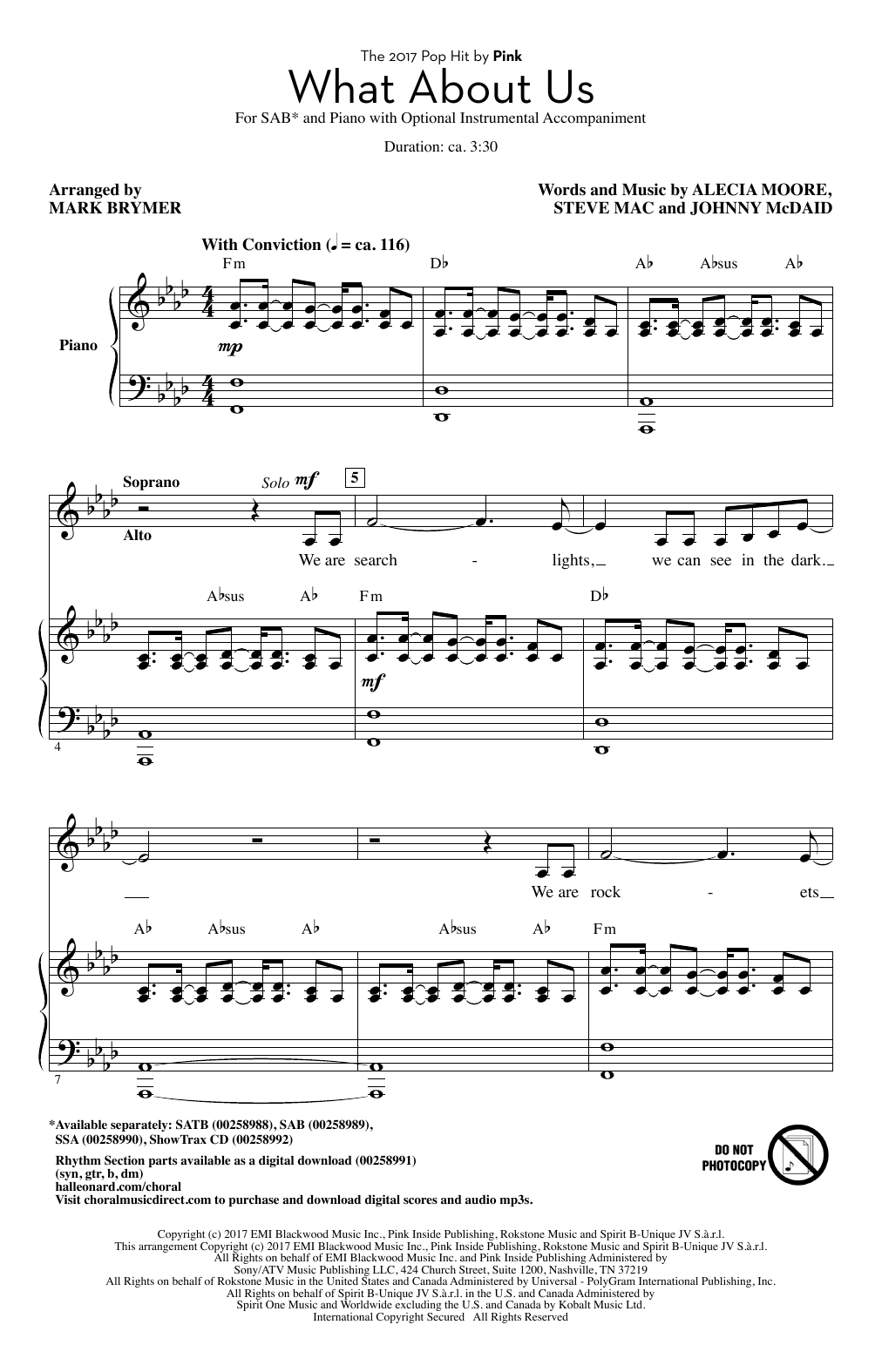Download Pink What About Us (arr. Mark Brymer) Sheet Music and learn how to play SATB PDF digital score in minutes