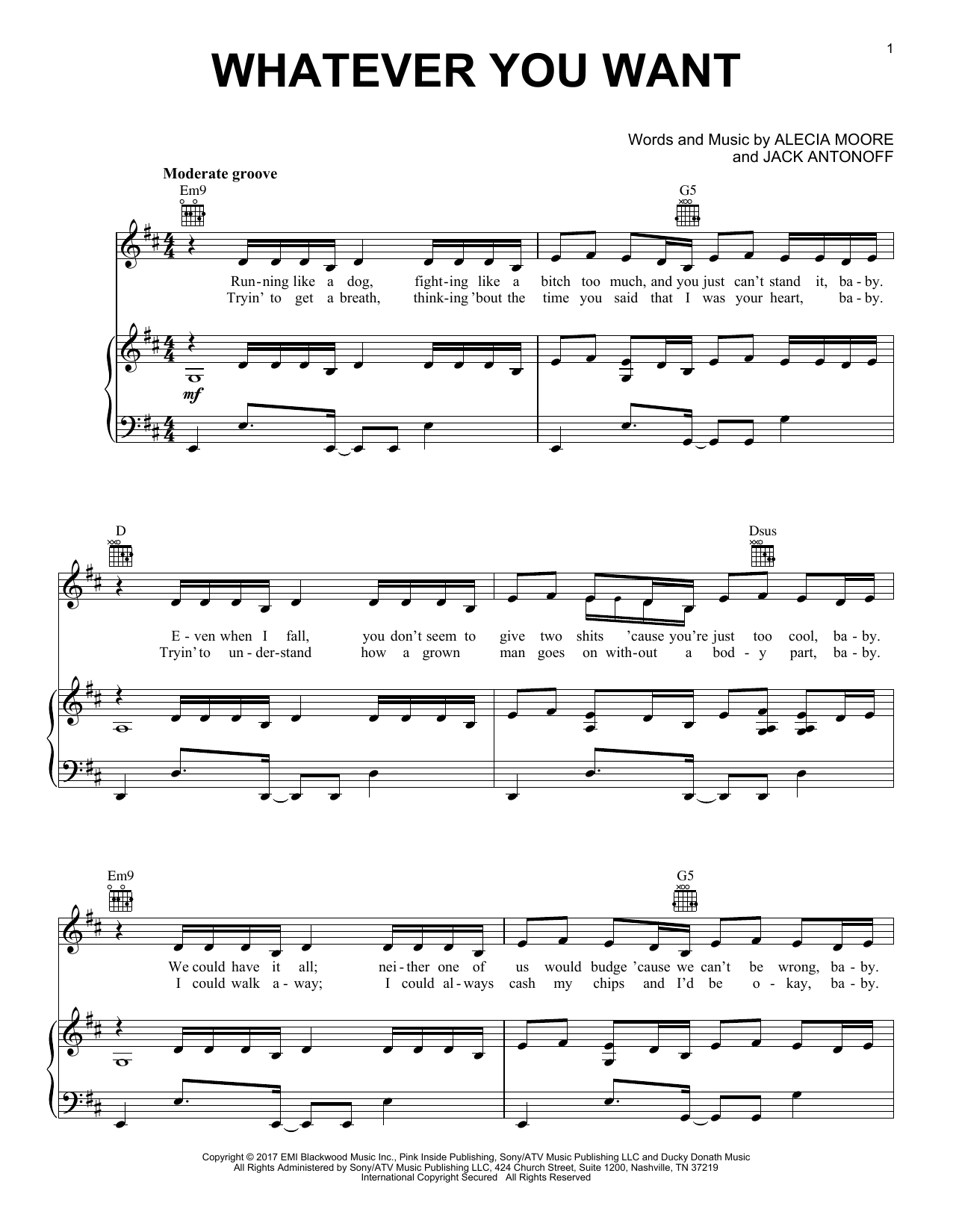 Download Pink Whatever You Want Sheet Music and learn how to play Piano, Vocal & Guitar (Right-Hand Melody) PDF digital score in minutes