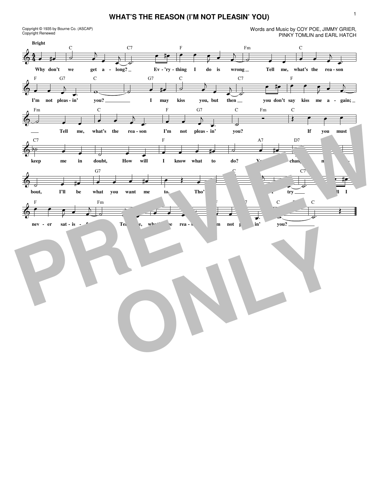 Download Pinky Tomlin What's The Reason (I'm Not Pleasin' You) Sheet Music and learn how to play Melody Line, Lyrics & Chords PDF digital score in minutes