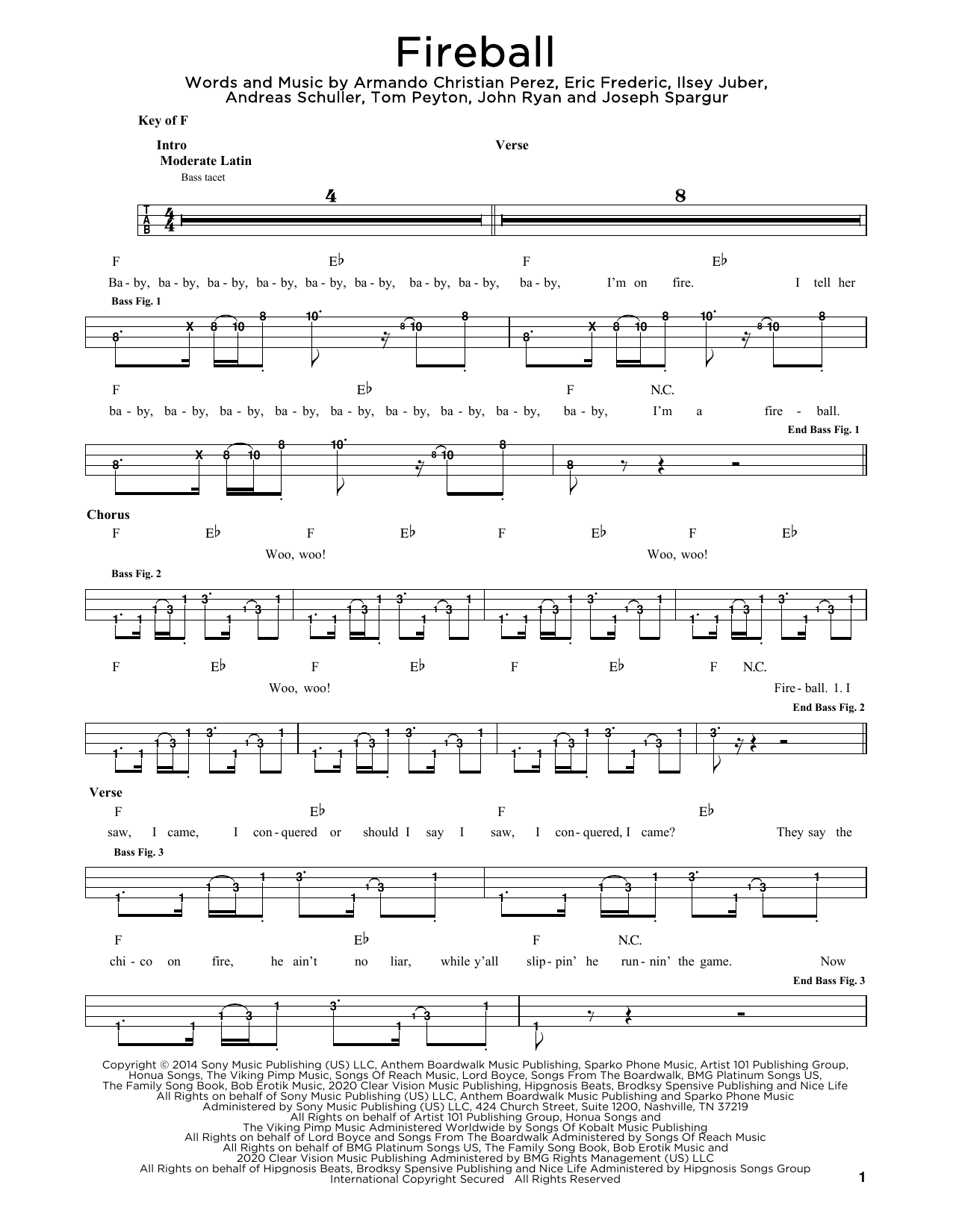 Download Pitbull feat. John Ryan Fireball Sheet Music and learn how to play Easy Bass Tab PDF digital score in minutes