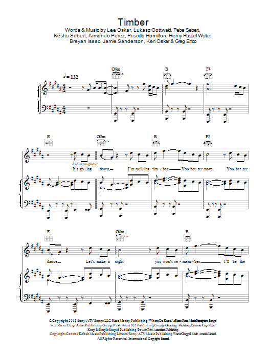 Download Pitbull Timber (feat. Ke$ha) Sheet Music and learn how to play Piano, Vocal & Guitar (Right-Hand Melody) PDF digital score in minutes