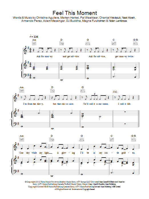 Download Pitbull Feel This Moment (feat. Christina Aguilera) Sheet Music and learn how to play Piano, Vocal & Guitar (Right-Hand Melody) PDF digital score in minutes