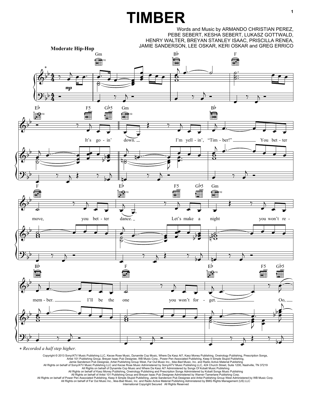Download Pitbull Timber (feat. K$sha) Sheet Music and learn how to play Piano, Vocal & Guitar (Right-Hand Melody) PDF digital score in minutes