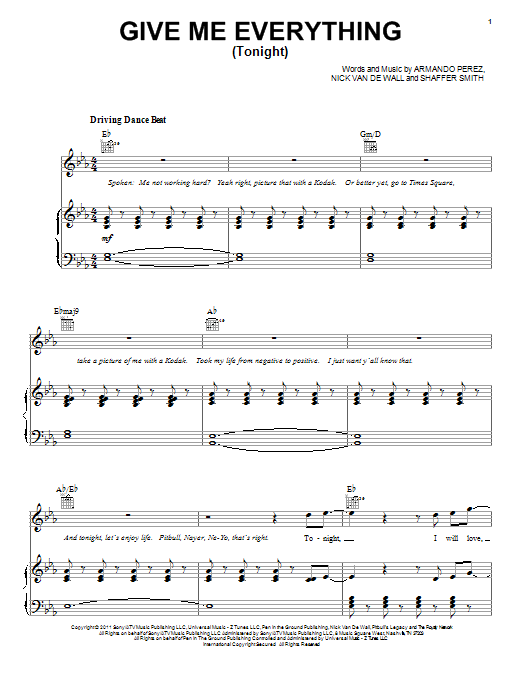 Download Pitbull Give Me Everything (Tonight) (feat. Ne-Yo) Sheet Music and learn how to play Piano, Vocal & Guitar (Right-Hand Melody) PDF digital score in minutes
