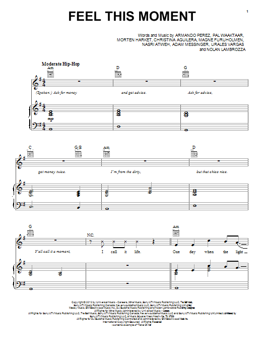 Download Pitbull Feel This Moment Sheet Music and learn how to play Piano, Vocal & Guitar (Right-Hand Melody) PDF digital score in minutes