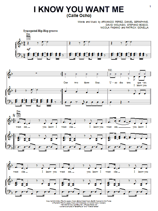Download Pitbull I Know You Want Me (Calle Ocho) Sheet Music and learn how to play Piano, Vocal & Guitar (Right-Hand Melody) PDF digital score in minutes