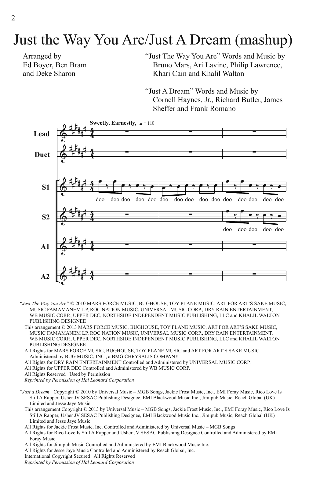 Download Bruno Mars Just The Way You Are/Just A Dream (arr. Deke Sharon) Sheet Music and learn how to play SSA PDF digital score in minutes