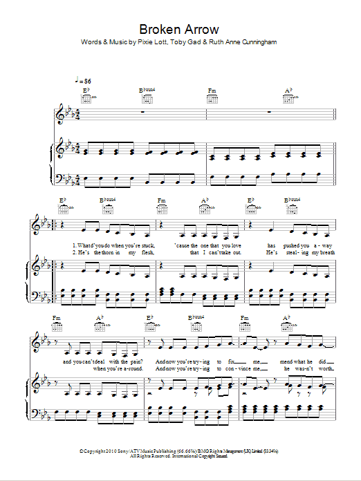 Download Pixie Lott Broken Arrow Sheet Music and learn how to play Piano, Vocal & Guitar (Right-Hand Melody) PDF digital score in minutes