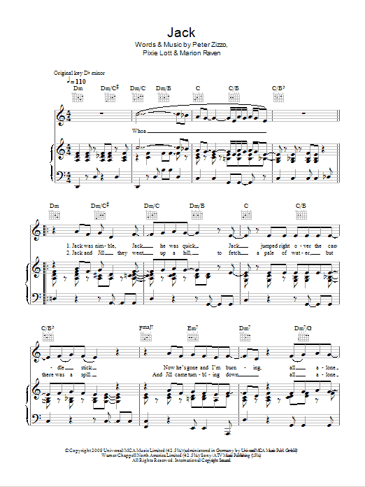 Download Pixie Lott Jack Sheet Music and learn how to play Piano, Vocal & Guitar (Right-Hand Melody) PDF digital score in minutes